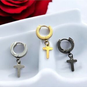 Men's 3pc Stainless Steel Cross Huggie Hoop Earring Black Gold Silver Jewelry